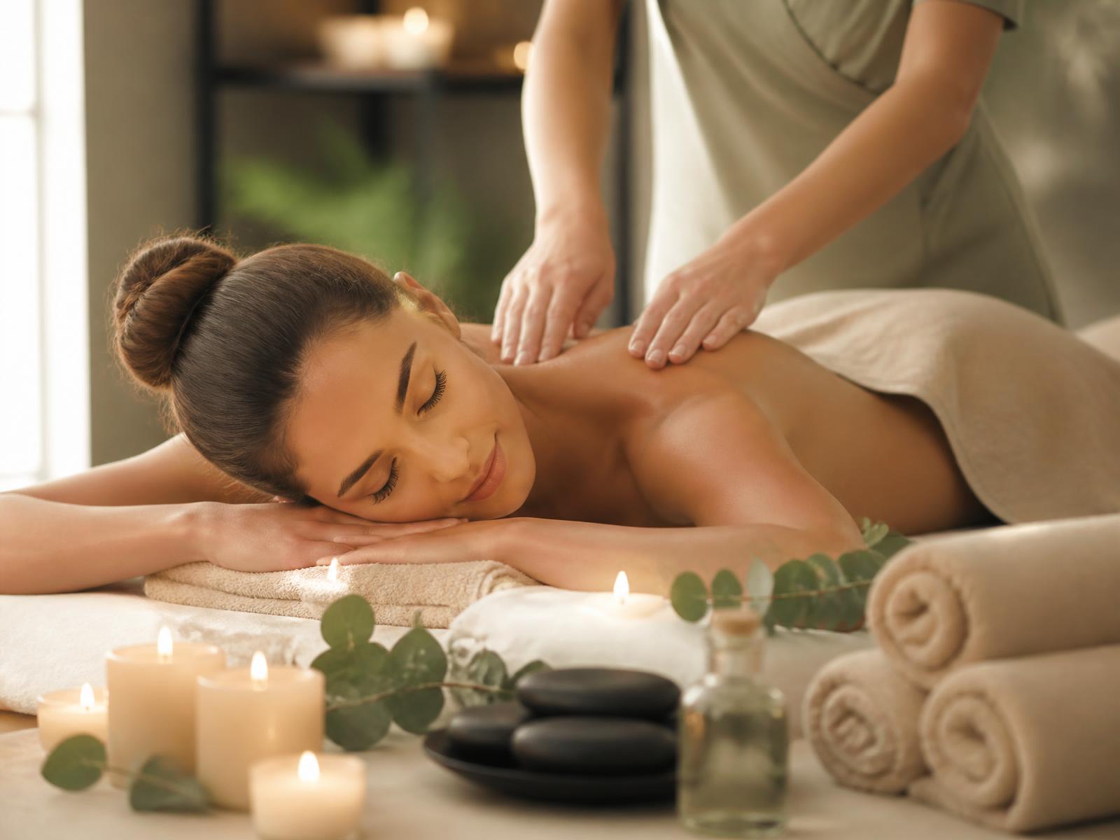 Relaxing massage therapy session with candles and eucalyptus