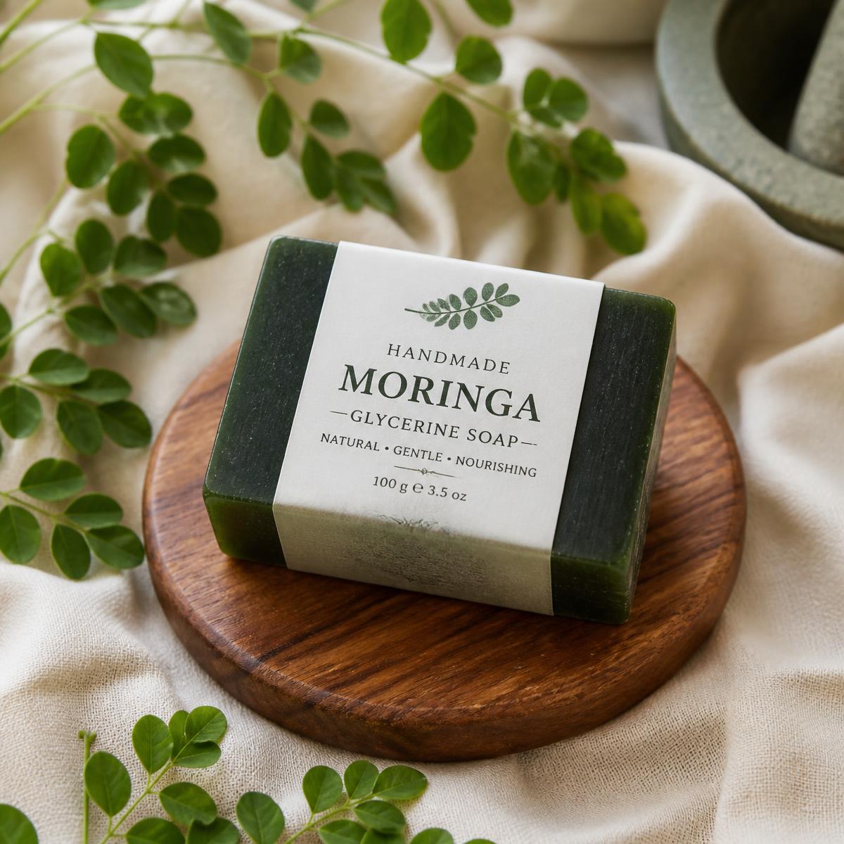 Handmade moringa glycerine soap bar on a wooden dish